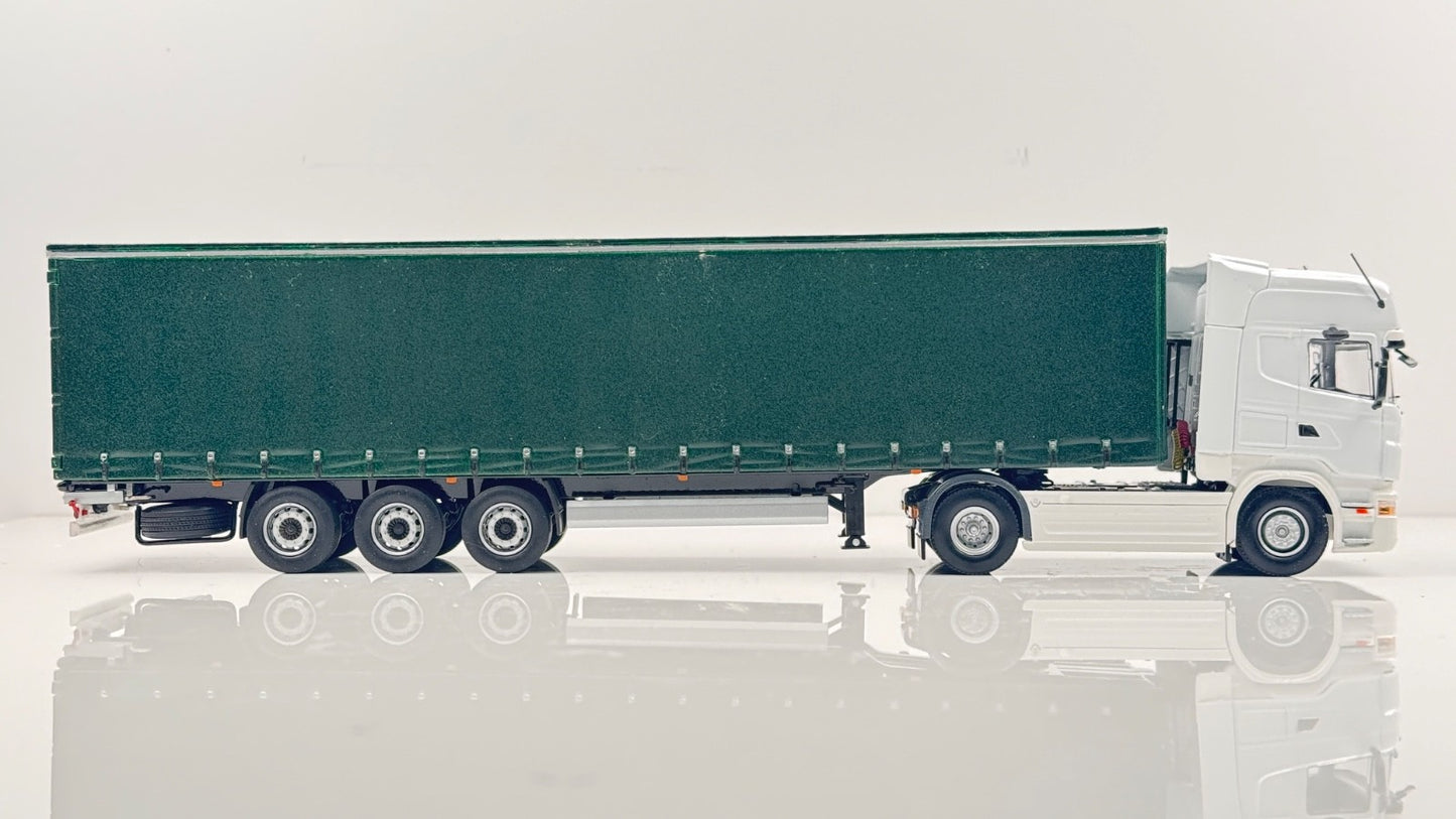 UNIVERSAL HOBBIES 1/50 - SCANIA R730 WHITE TRACTOR & REFINISHED GREEN TRAILER