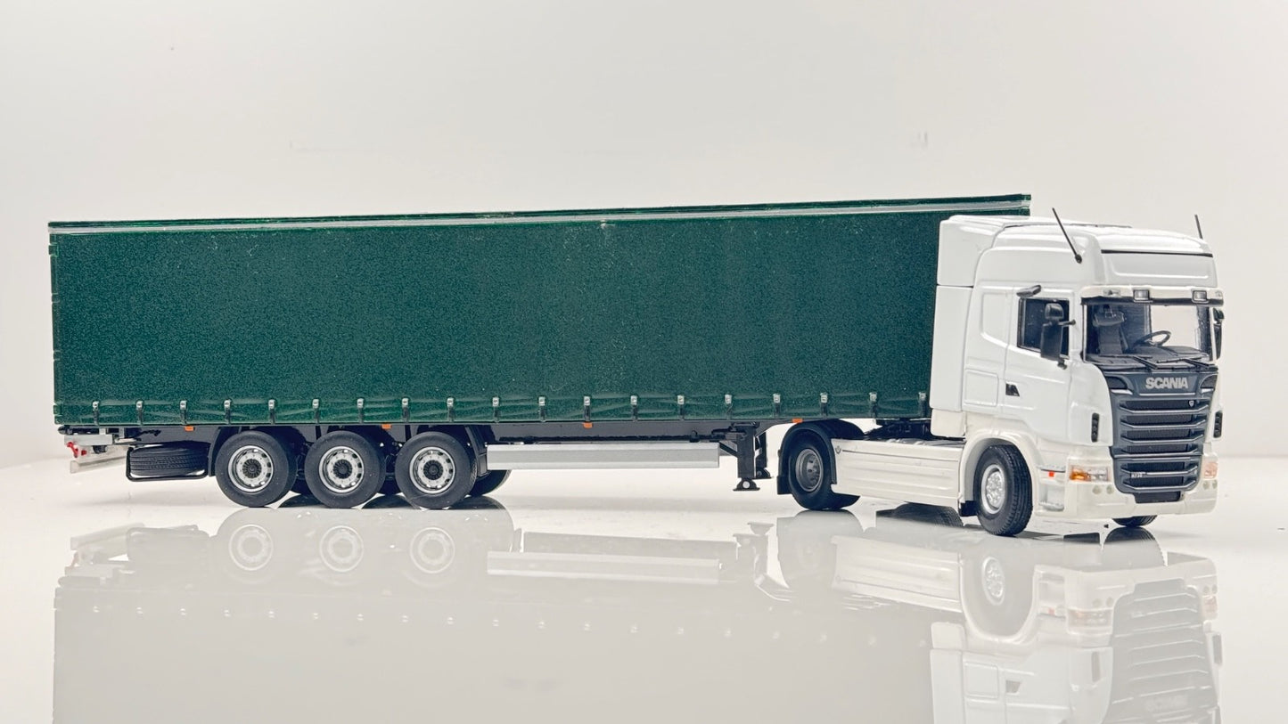 UNIVERSAL HOBBIES 1/50 - SCANIA R730 WHITE TRACTOR & REFINISHED GREEN TRAILER