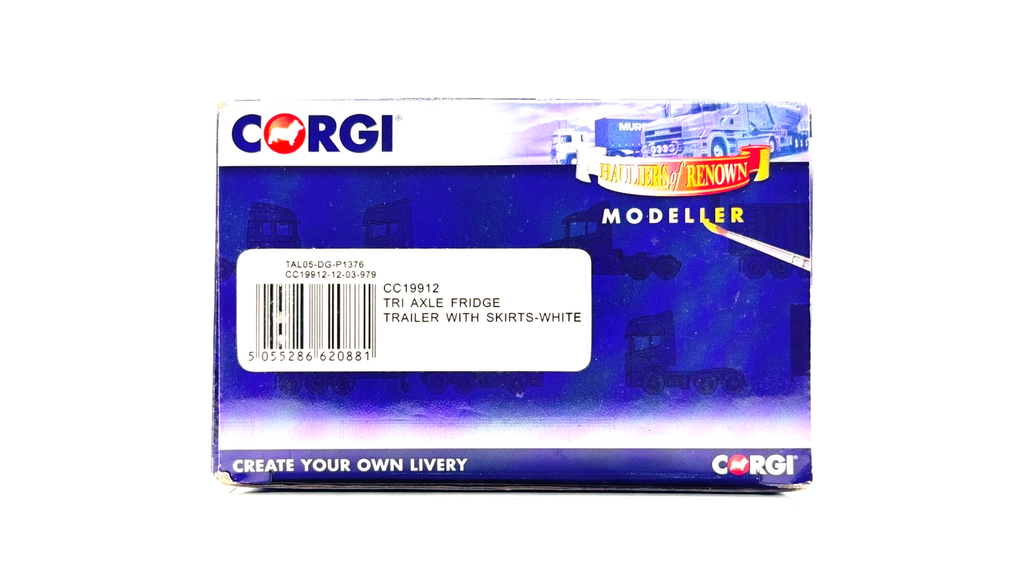 CORGI 1/50 SCALE - CC19912 - TRI AXLE FRIDGE TRAILER WITH SKIRTS WHITE BOXED