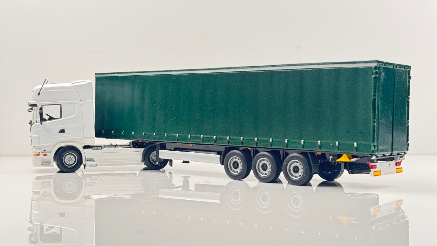 UNIVERSAL HOBBIES 1/50 - SCANIA R730 WHITE TRACTOR & REFINISHED GREEN TRAILER