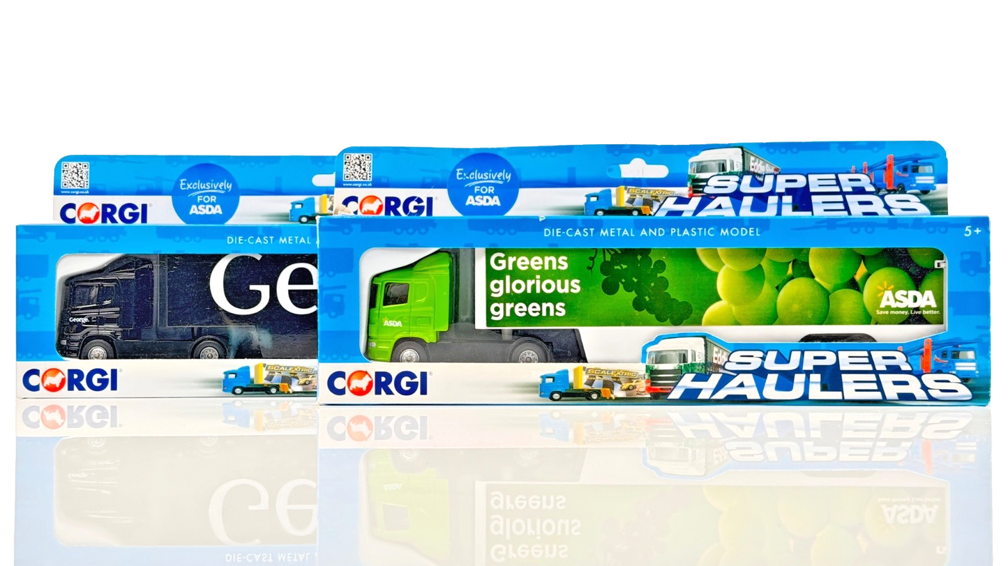 CORGI 1/64 SCALE - DIECAST SUPERHAULERS 'ASDA GREEN GLORIOUS GREENS' & 'GEORGE'