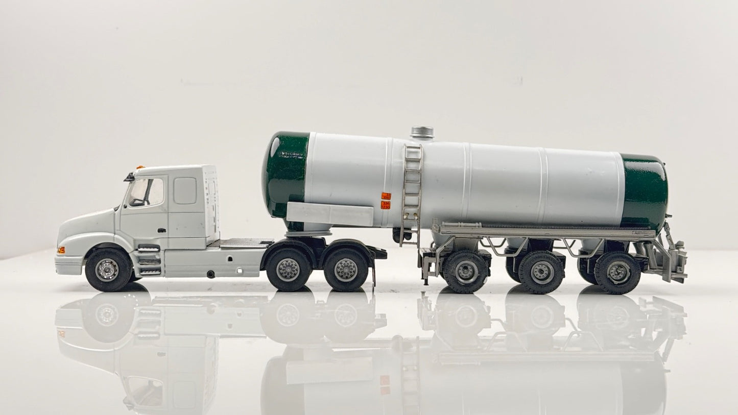 LION TOYS 1/50 SCALE - VOLVO TRACTOR UNIT & GREEN/WHITE TANKER TRAILER - BOXED