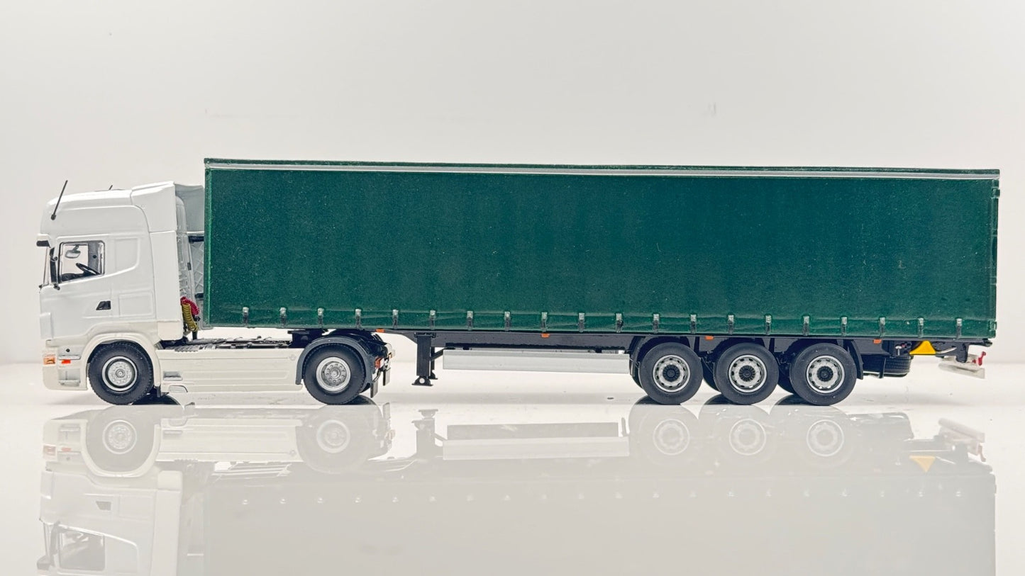 UNIVERSAL HOBBIES 1/50 - SCANIA R730 WHITE TRACTOR & REFINISHED GREEN TRAILER