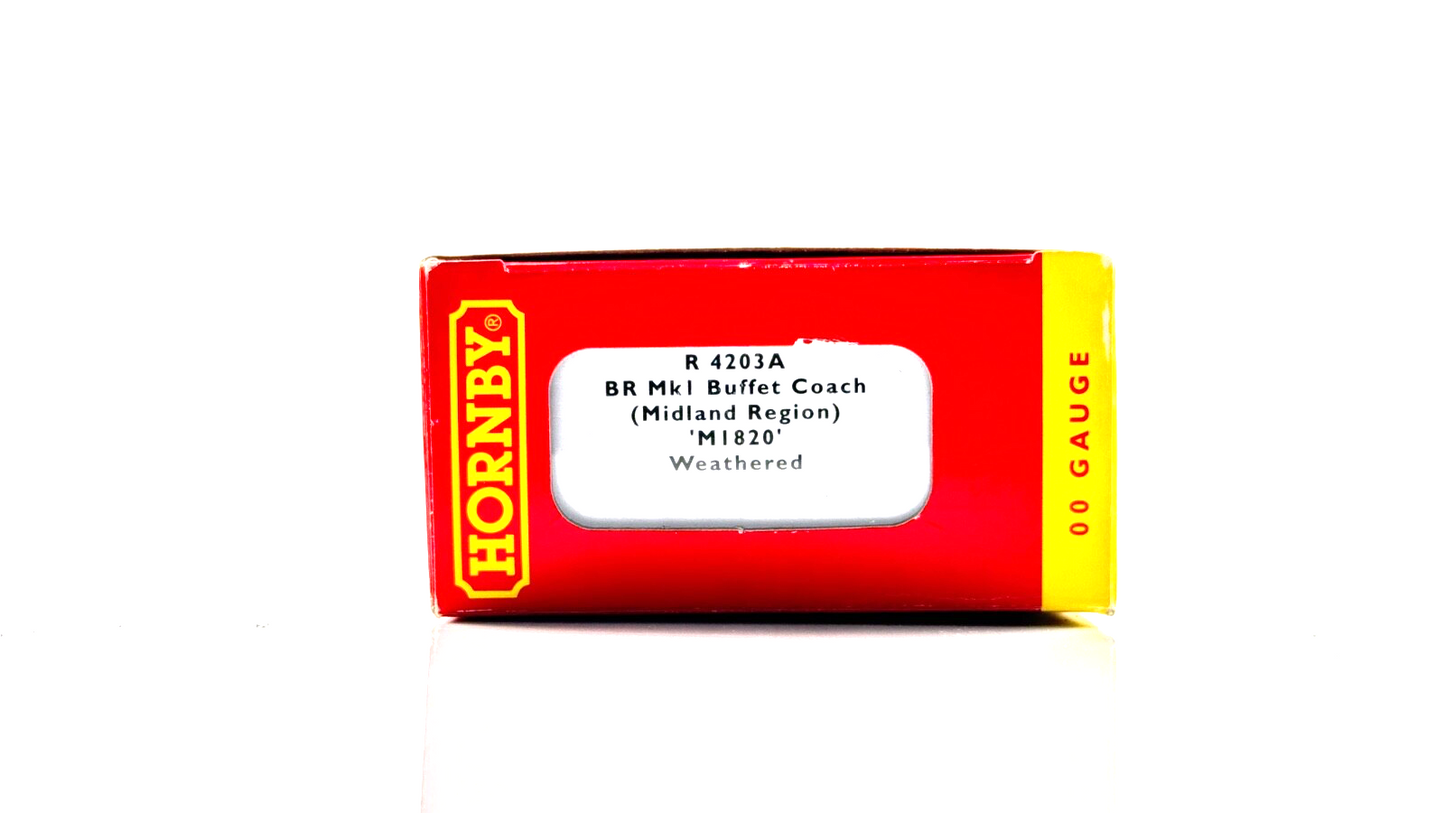 HORNBY 00 GAUGE - R4203A - BR MK1 BUFFET COACH MIDLAND REGION M1820 WEATHERED