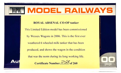 DAPOL 00 GAUGE - ROYAL ARSENAL CO-OP PURE NEW MILK TANKER (W) (WESSEX WAGONS)