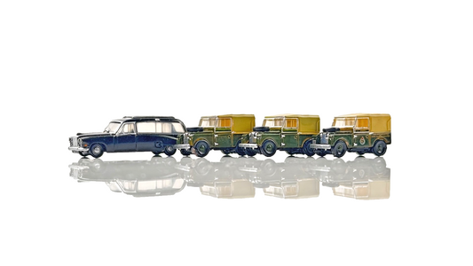 OXFORD DIECAST 1:148 SCALE - LAND ROVER DEFENDERS & FUNERAL HEARSE X 4 - UNBOXED