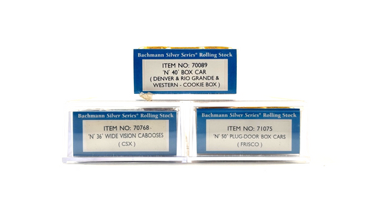 BACHMANN N GAUGE - RIO GRANDE CSX FRISCO BOX CARS & CABOOSE WAGONS X 3 BOXED