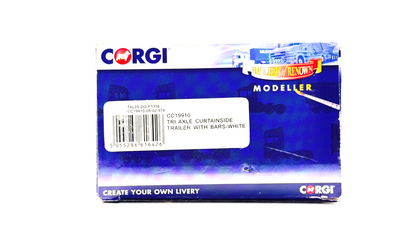 CORGI 1/50 SCALE - CC19910 - TRI AXLE CURTAINSIDE TRAILER WITH BARS WHITE BOXED