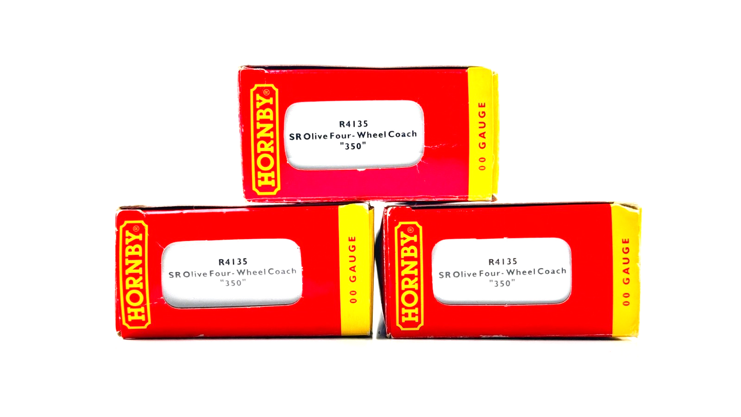 HORNBY 00 GAUGE - R4135 - SR SOUTHERN OLIVE GREEN 4 WHEEL COACH BOXED X 3