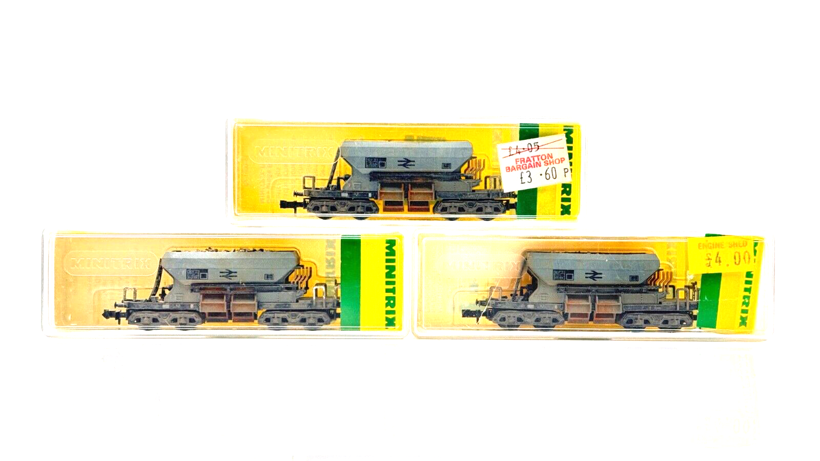 MINITRIX N GAUGE - 13575 - 3 X BR GREY BOGIE HOPPER WAGONS - BOXED LOT 1