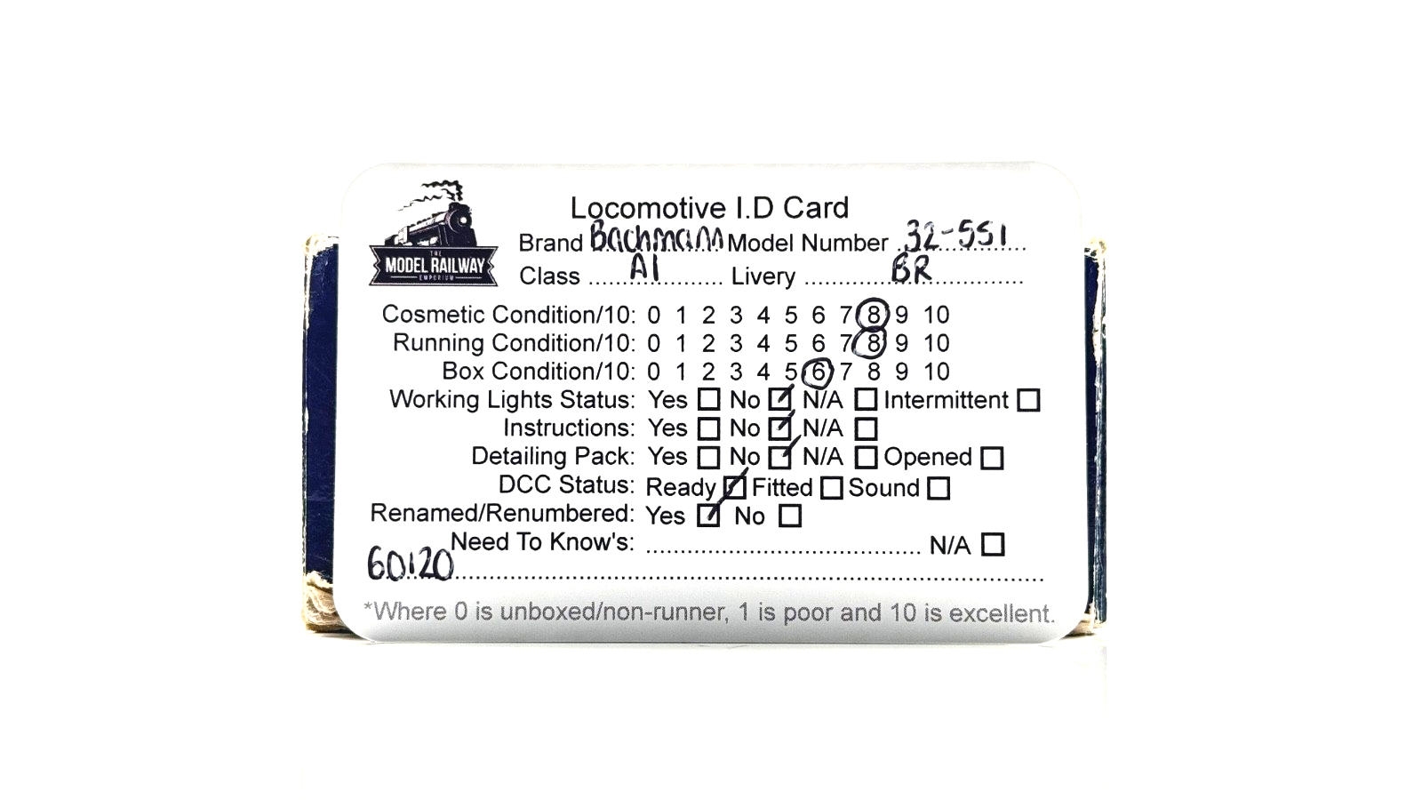 BACHMANN 00 GAUGE - 32-551 - CLASS A1 60120 KITTIWAKE BR GREEN RENAMED/NUMBERED