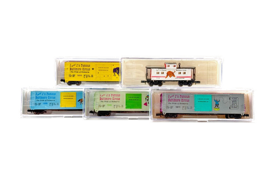 LIFE LIKE N GAUGE - RAKE OF 5 BALTIMORE CIRCUS BOX CAR WAGONS & CABOOSE BOXED