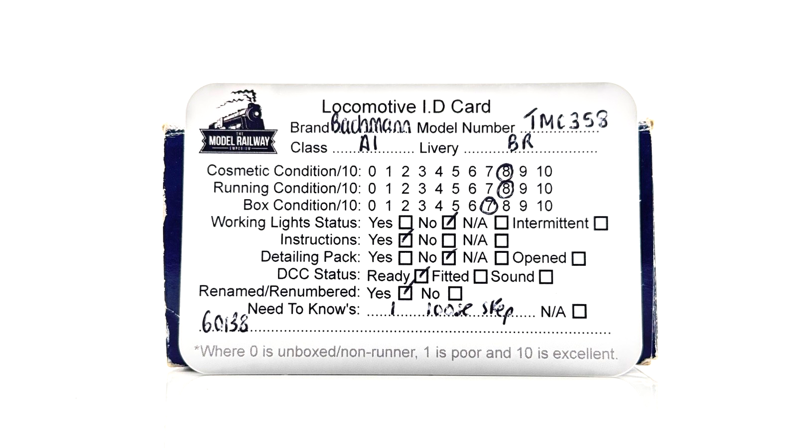 BACHMANN 00 GAUGE - TMC358 - CLASS A1 60138 BOSWELL BR GREEN RENAMED/NUMBERED