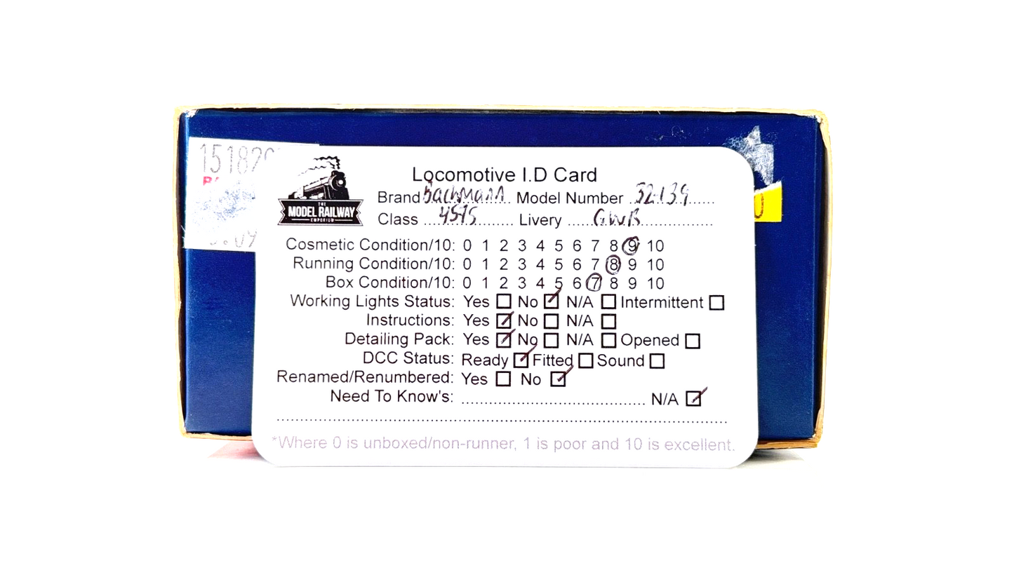 BACHMANN 00 GAUGE - 32-139 - CLASS 4575 PRAIRIE TANK 5513 GWR GREEN - BOXED