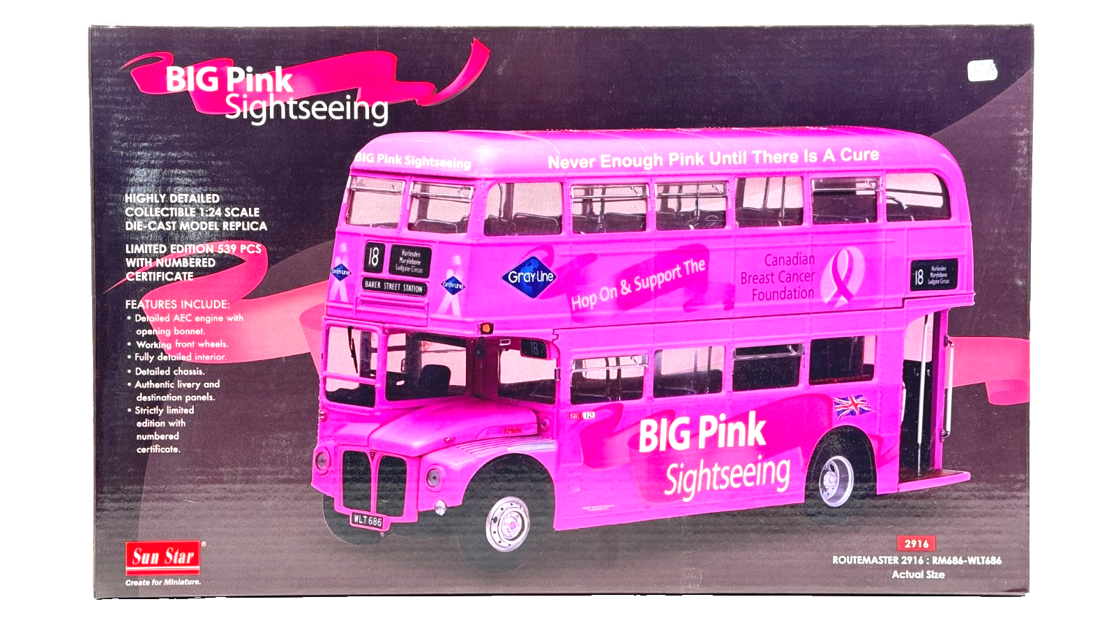SUNSTAR 1:24 SCALE REPLICA - 2916 - ROUTEMASTER BIG PINK SIGHTSEEING LTD EDITION