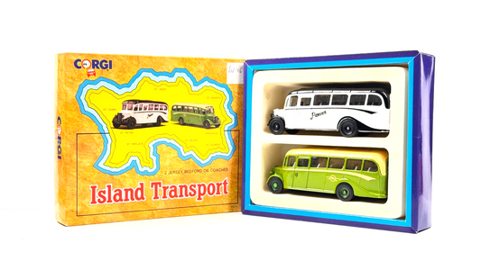CORGI 1/50 SCALE - 97741 - ISLAND TRANSPORT 2 JERSEY BEDFORD OB COACHES - BOXED